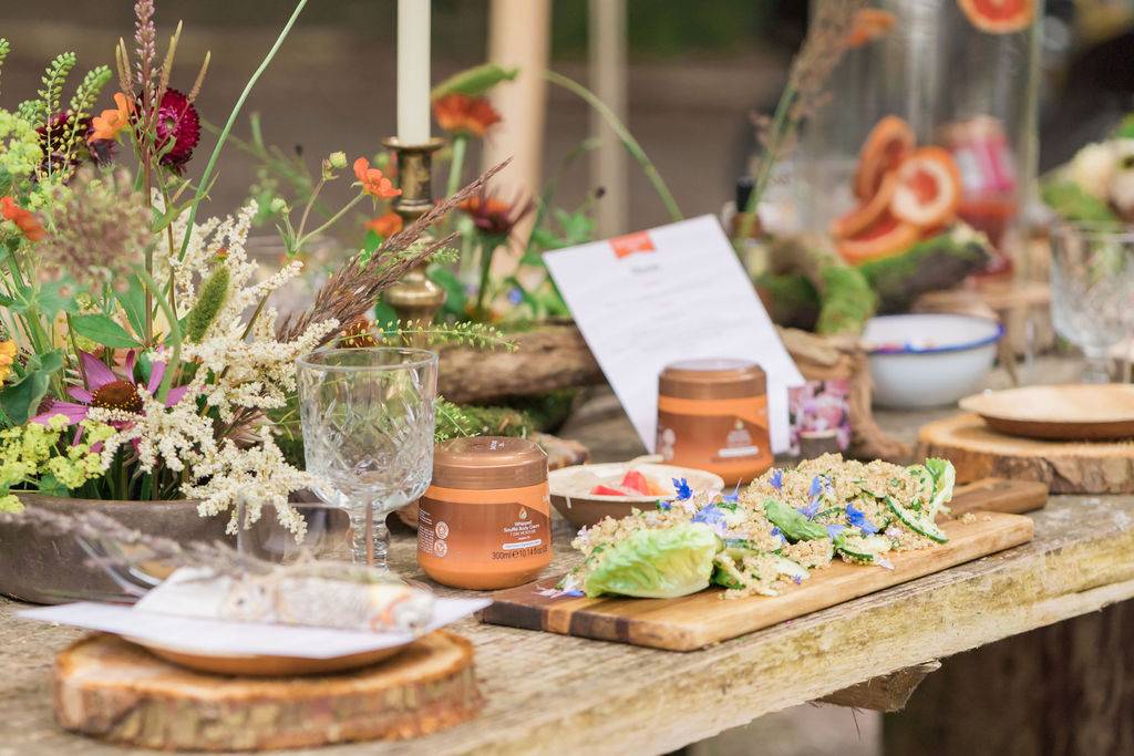 Nomadic dinner made of seasonal ingredients by in-house Chefs out in the Woodland for Sanctuary Spa's corporate product launch experience